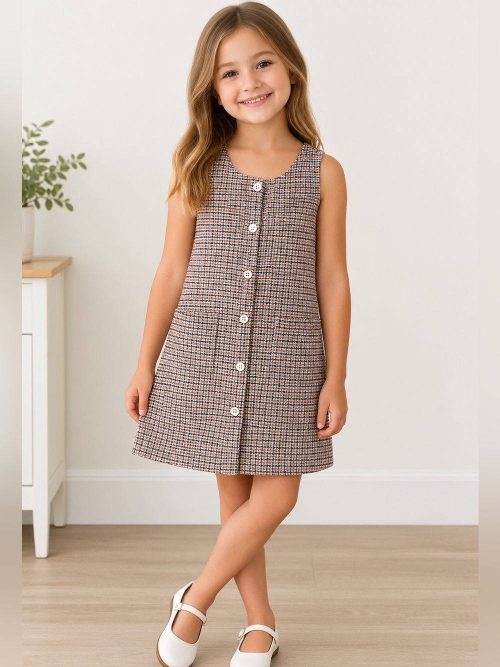 Janie and Jack Girls Sleeveless Houndstooth Button Front Shift Dress Pockets 10
